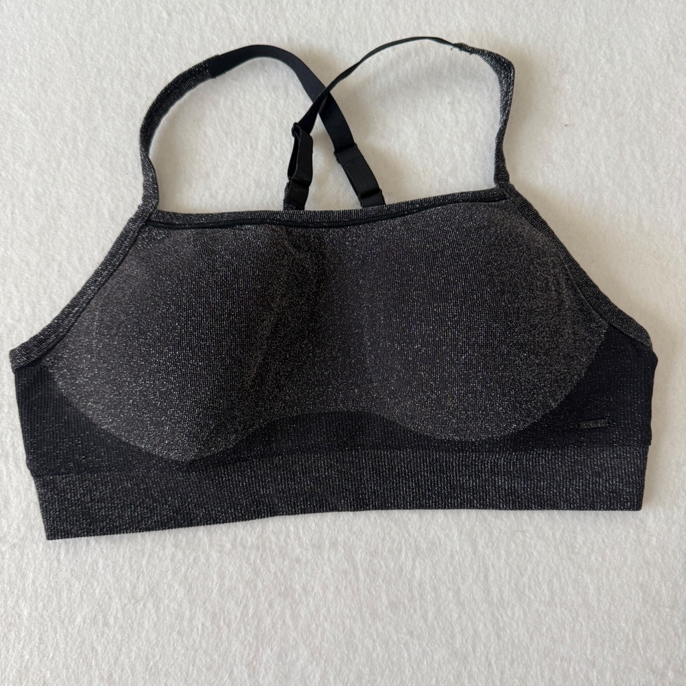 PINK Victoria's Secret Sports Bra Women Large Black Silver Glitter Racerback